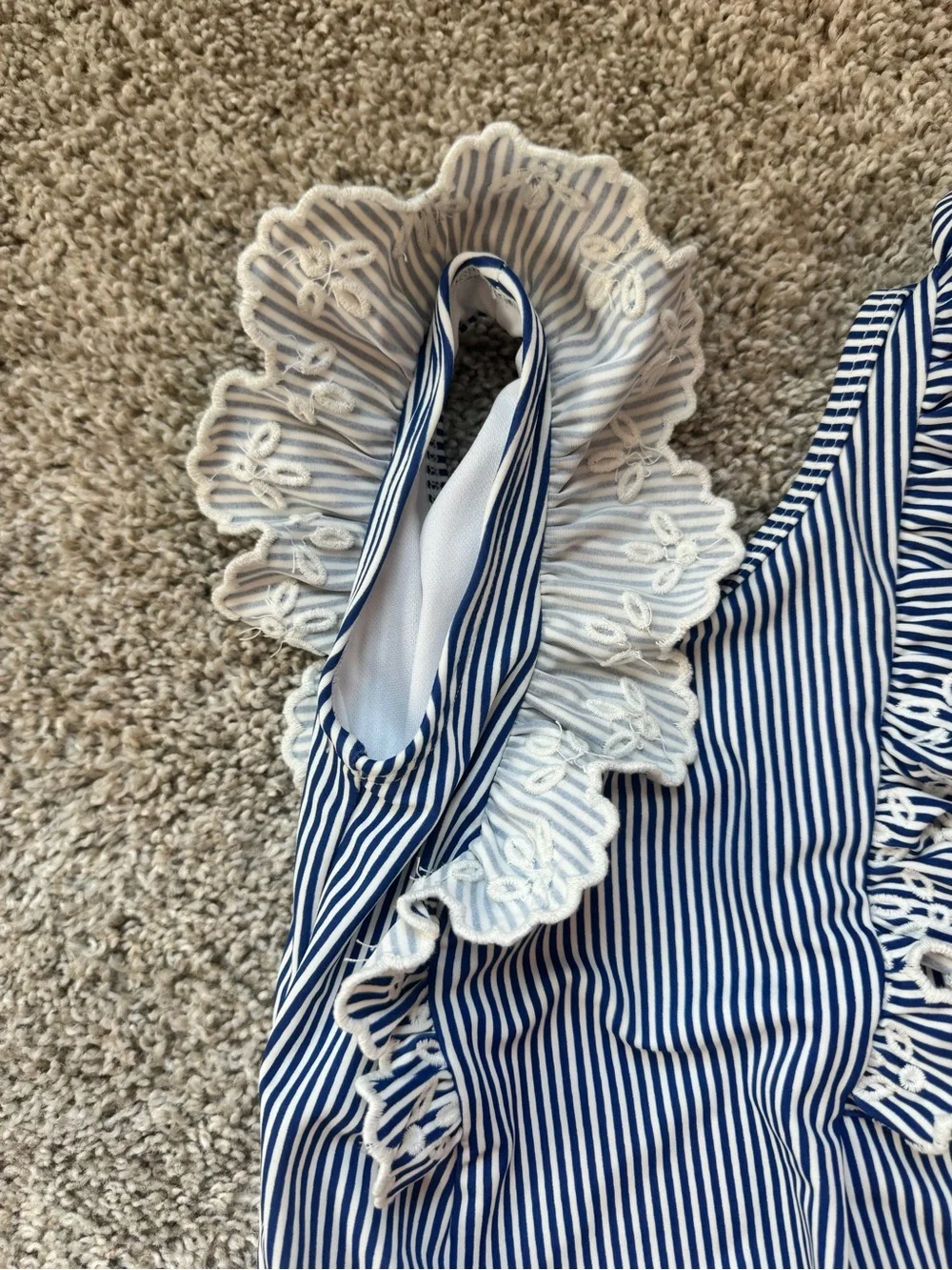 GIrls Gymboree Blue and White Striped Ruffle-Shoulder One-Piece Swimsuit Size 4T